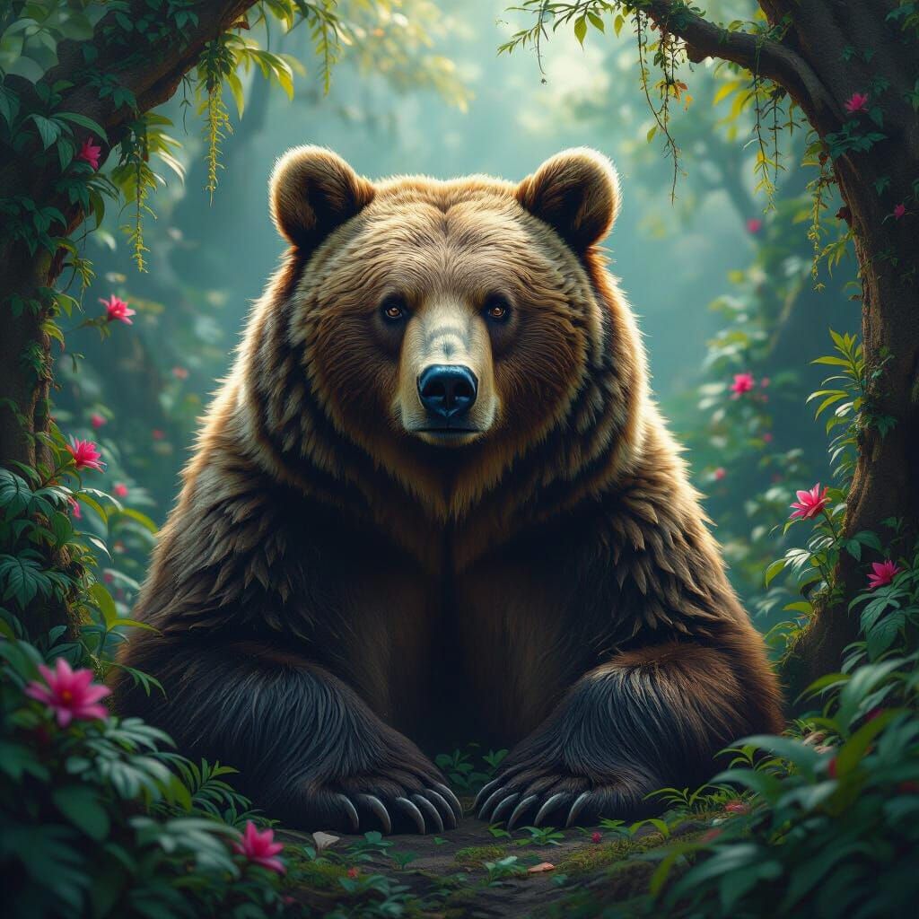 Majestic Flaningo Bear in Lush Fantasy Realm