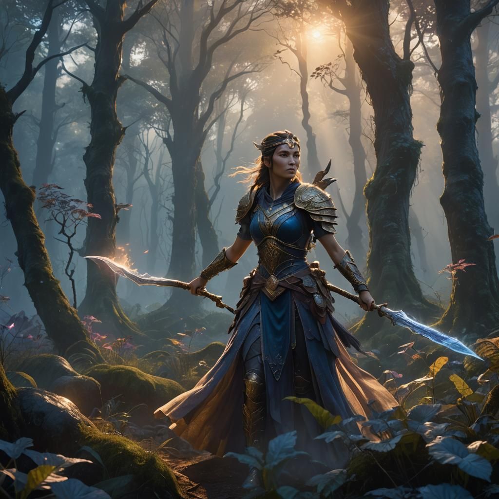 Warrior Woman in Ethereal Forest: Fantasy Art