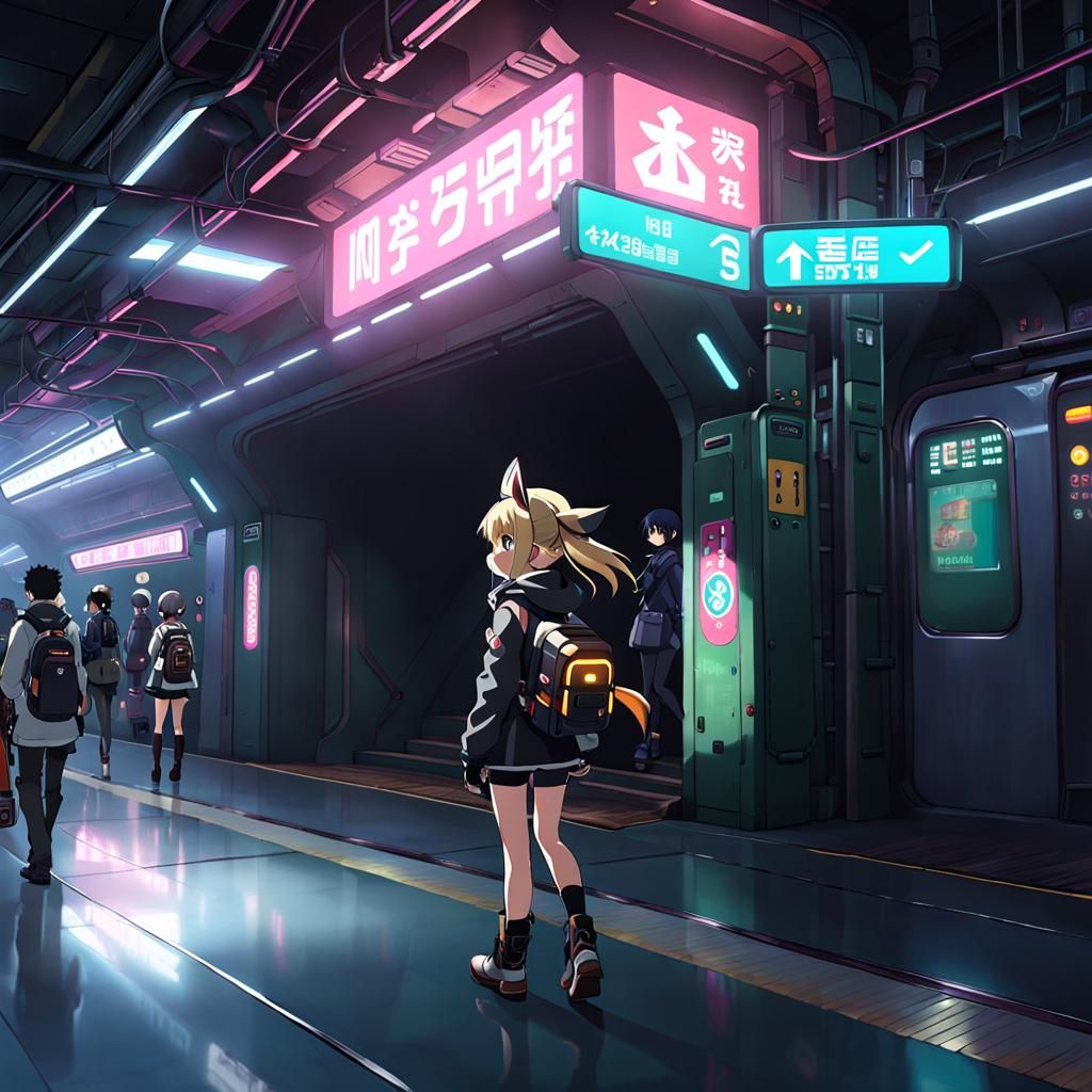 Cyberpunk Subway Station Art in Anime Style