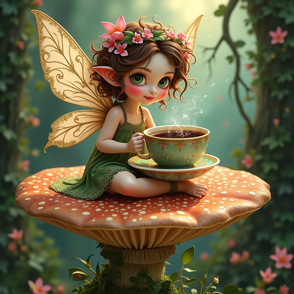 A delicate, florescent fairy with a mischievous glint in her eye and a playful grin sits atop a glowing, moss-covered to...