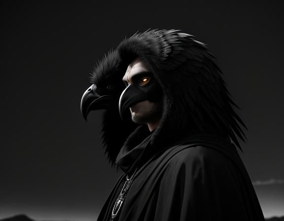 Cloaked Figure with Vulture in Dark Desert