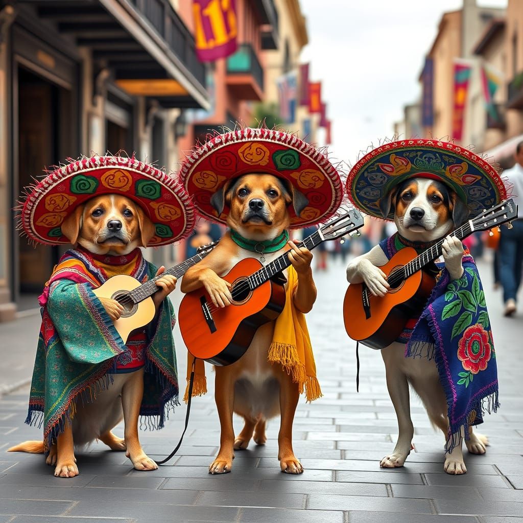 Mariachi Dogs in Sombreros Play in City Street