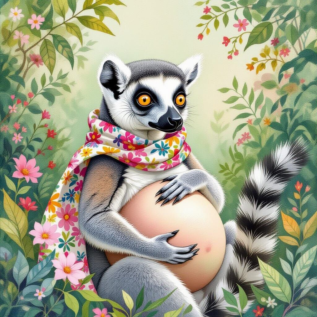 Pregnant Lemur in Madagascar, Watercolor Illustration