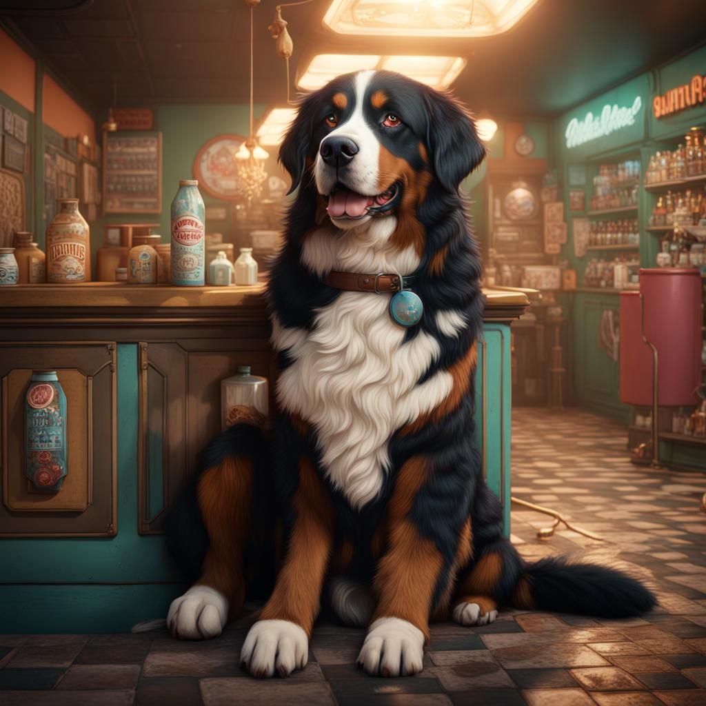 Bernese Mountain Dog in a Retro Milk Bar