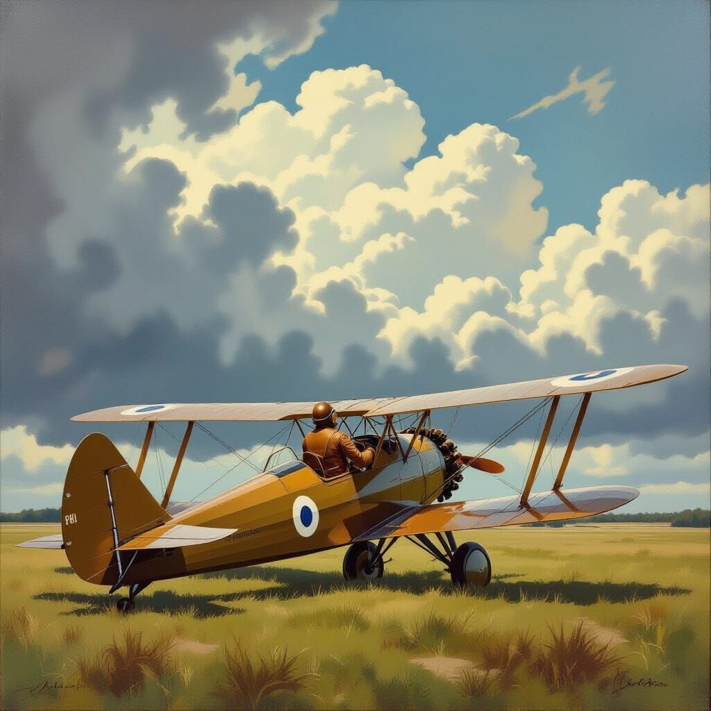 Vintage Biplane on Stormy Airfield in Realistic Aviation Art...