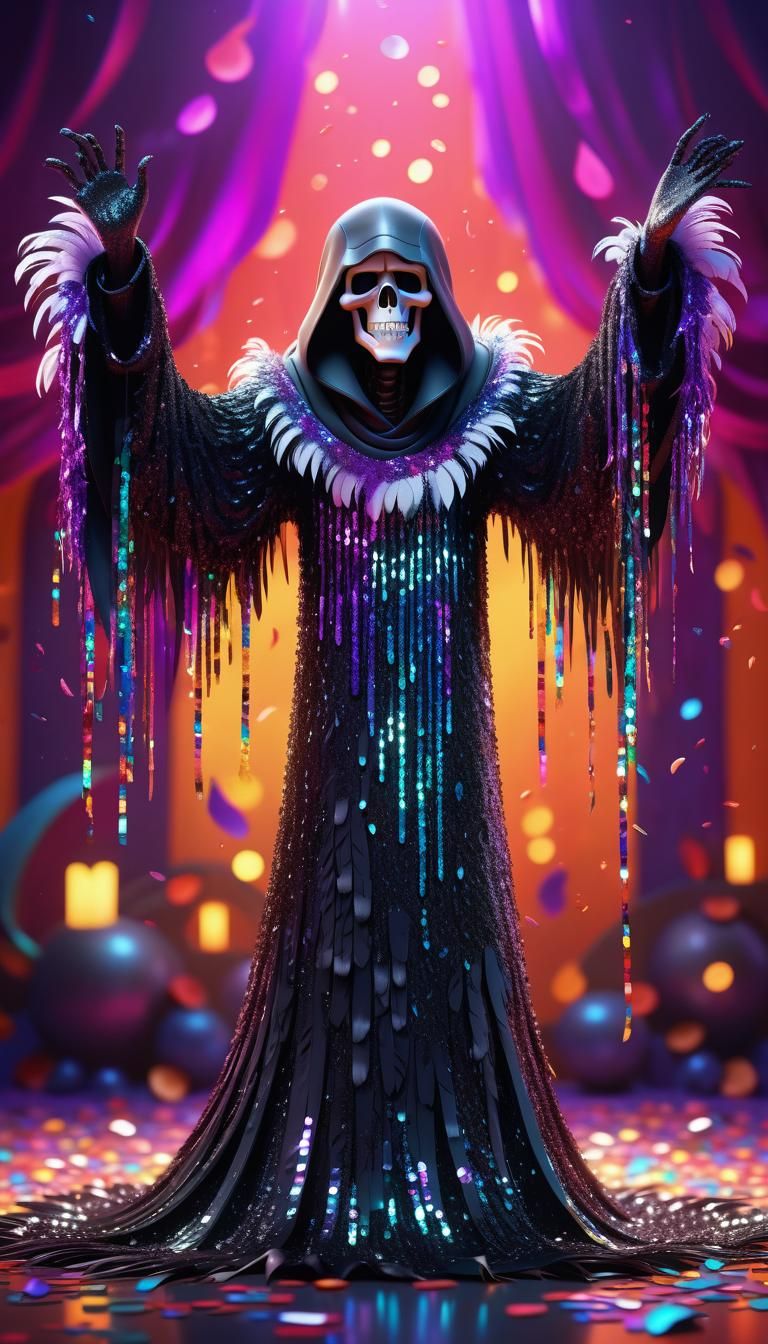 Grim Reaper Crying in Sequined Dress: 3D Digital Art