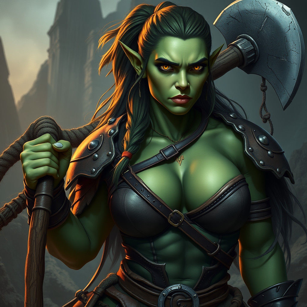 Sensual Orc Warrior Woman with Axe, Fantasy Art