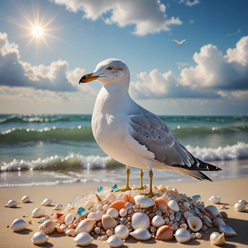 Holiday Seagull Figure Made of Shells and Crystals