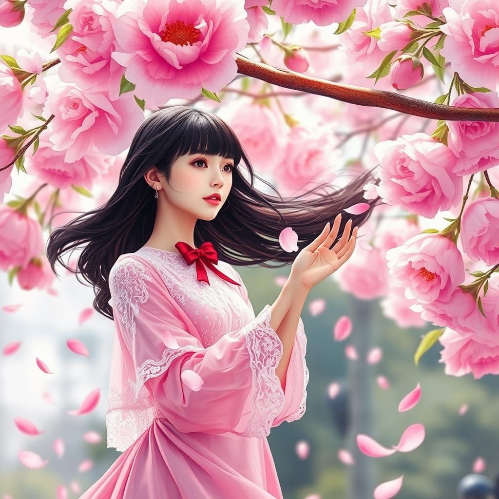 Woman Under Peony Tree in Realistic Watercolor