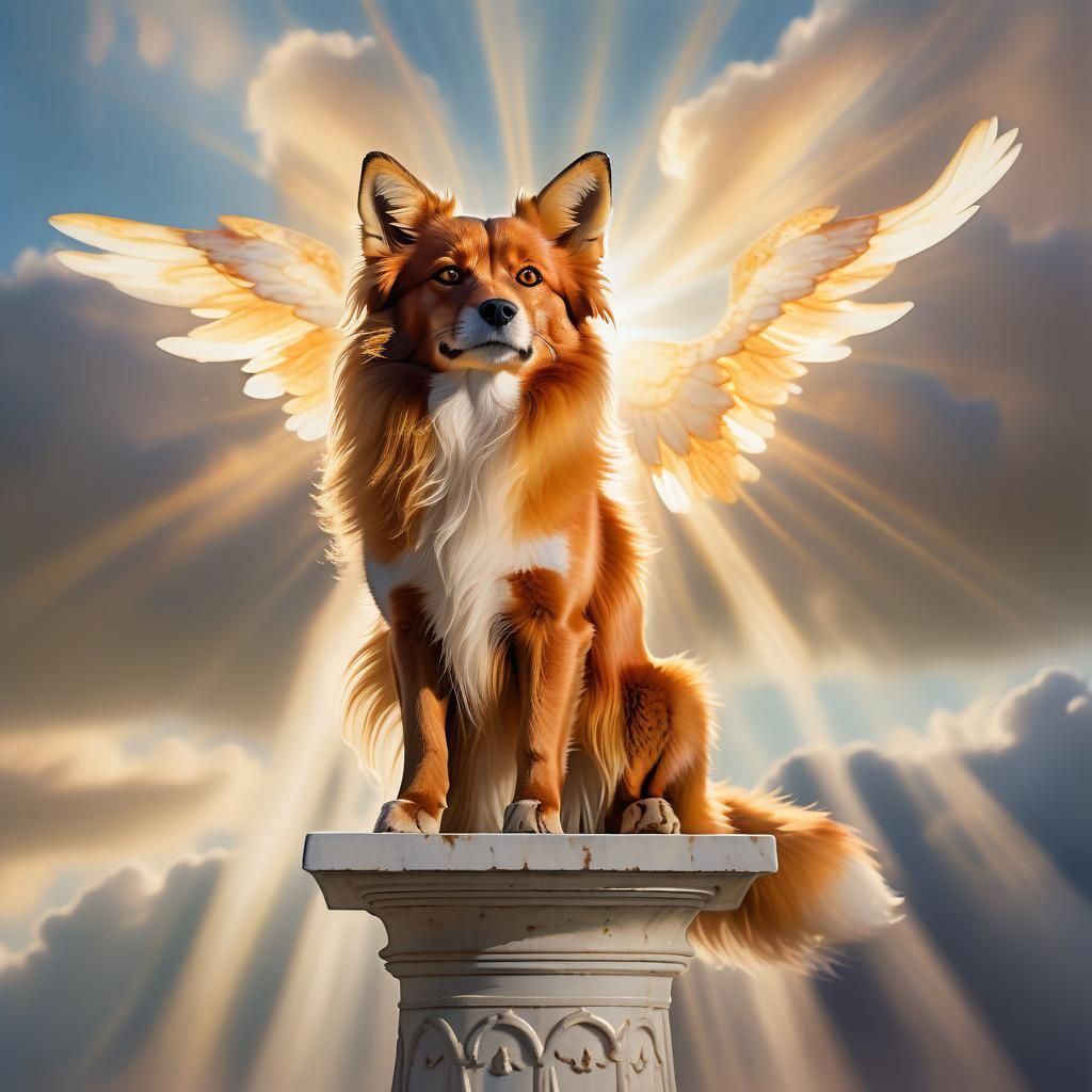 Fox-Like Dog with Angel Wings in Watercolor Style