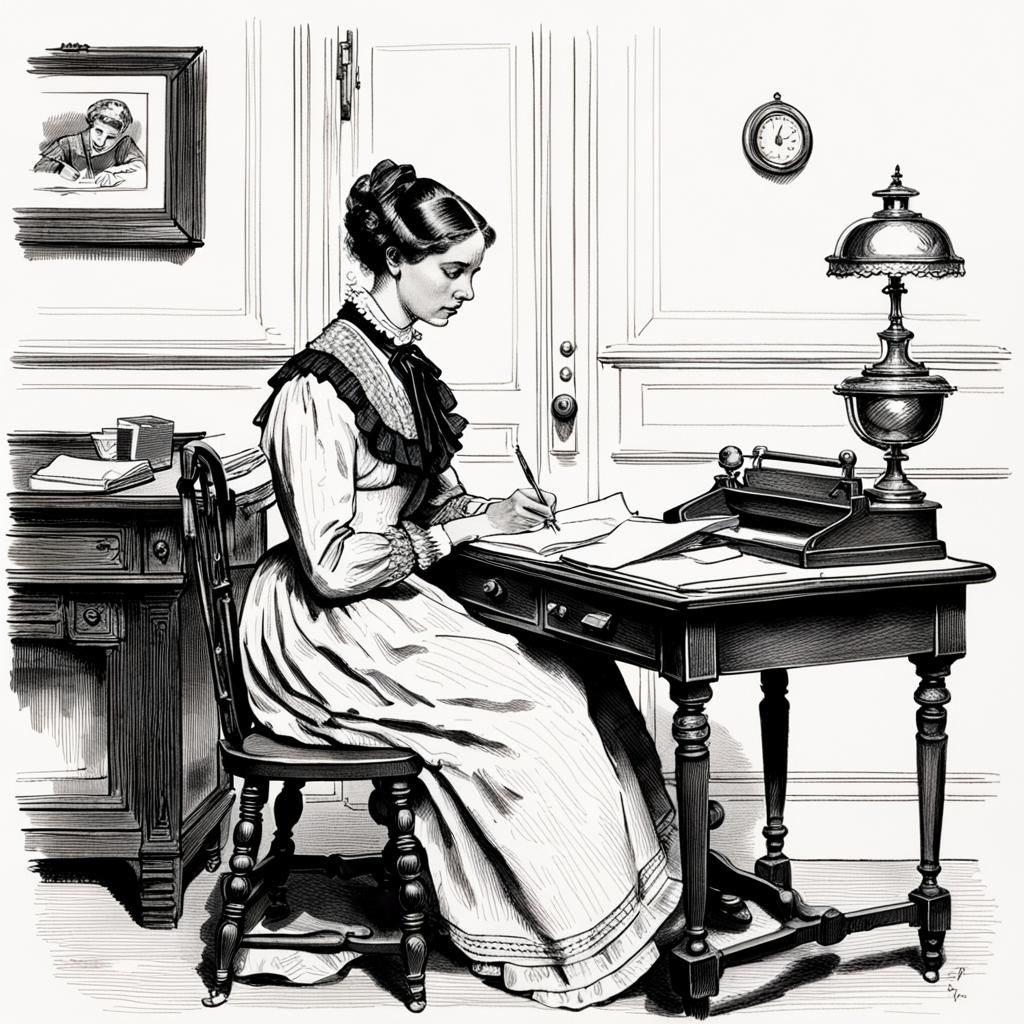 Victorian Woman Writing Letter, Pen Sketch in Rockwell Style