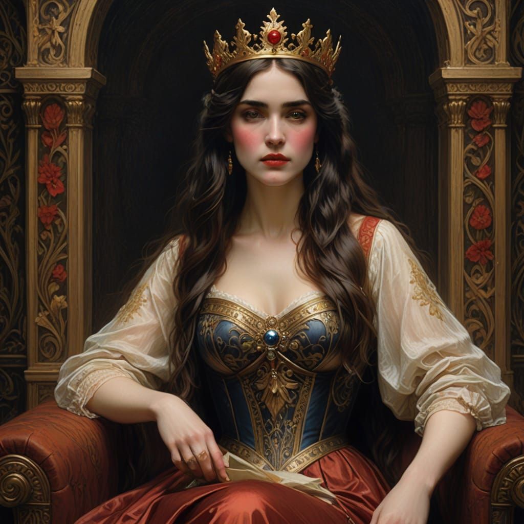Regal Queen in Golden Crown and Jewel-Toned Gown