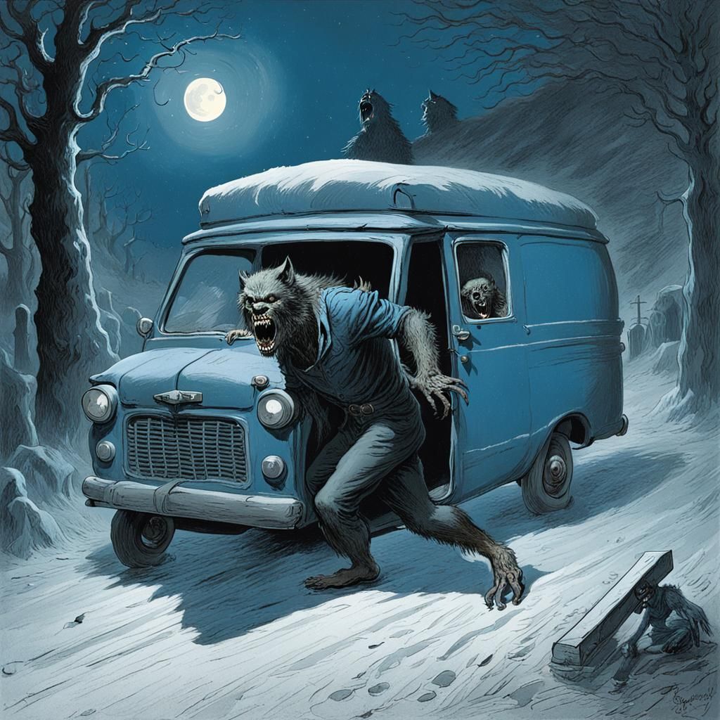 Werewolf Attack on Van in Horror Art Style
