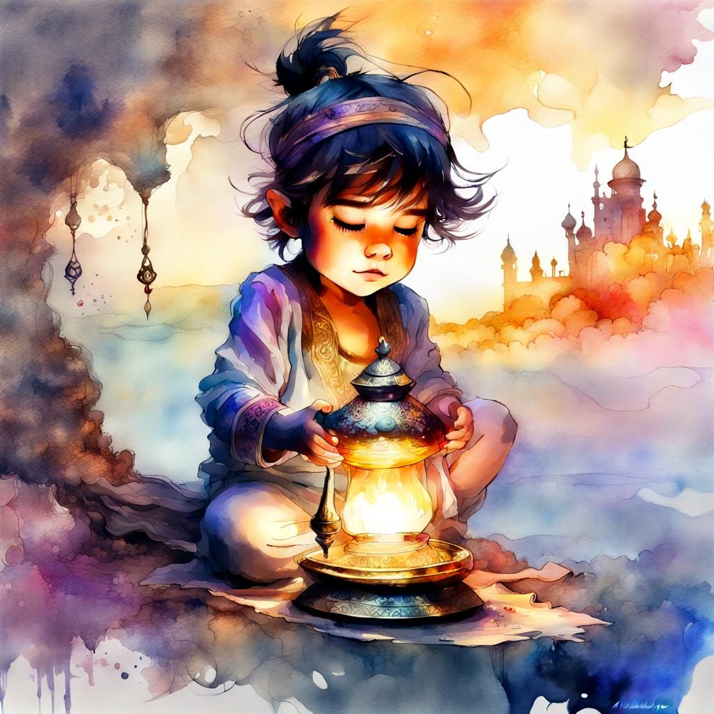 Chibi Genie of the Lamp in Watercolor Style