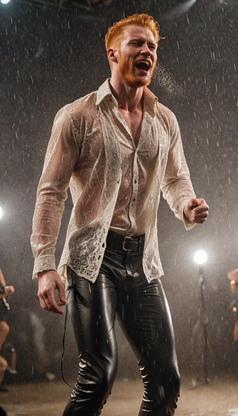 a handsome alluring ginger male singer singing rock anthem on a rainy stage. His unbuttoned open vintage lace shirt is s...