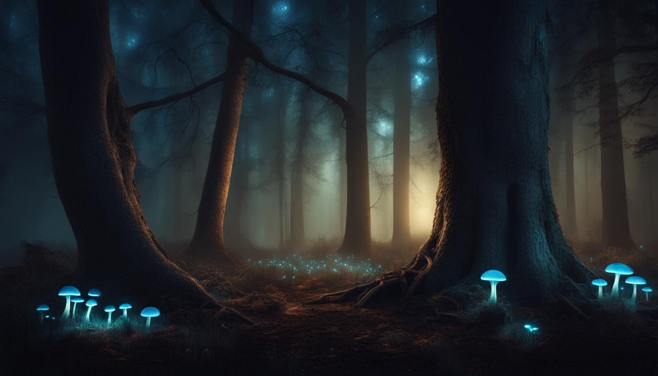 Bioluminescent Mushrooms in a Mysterious Night Forest