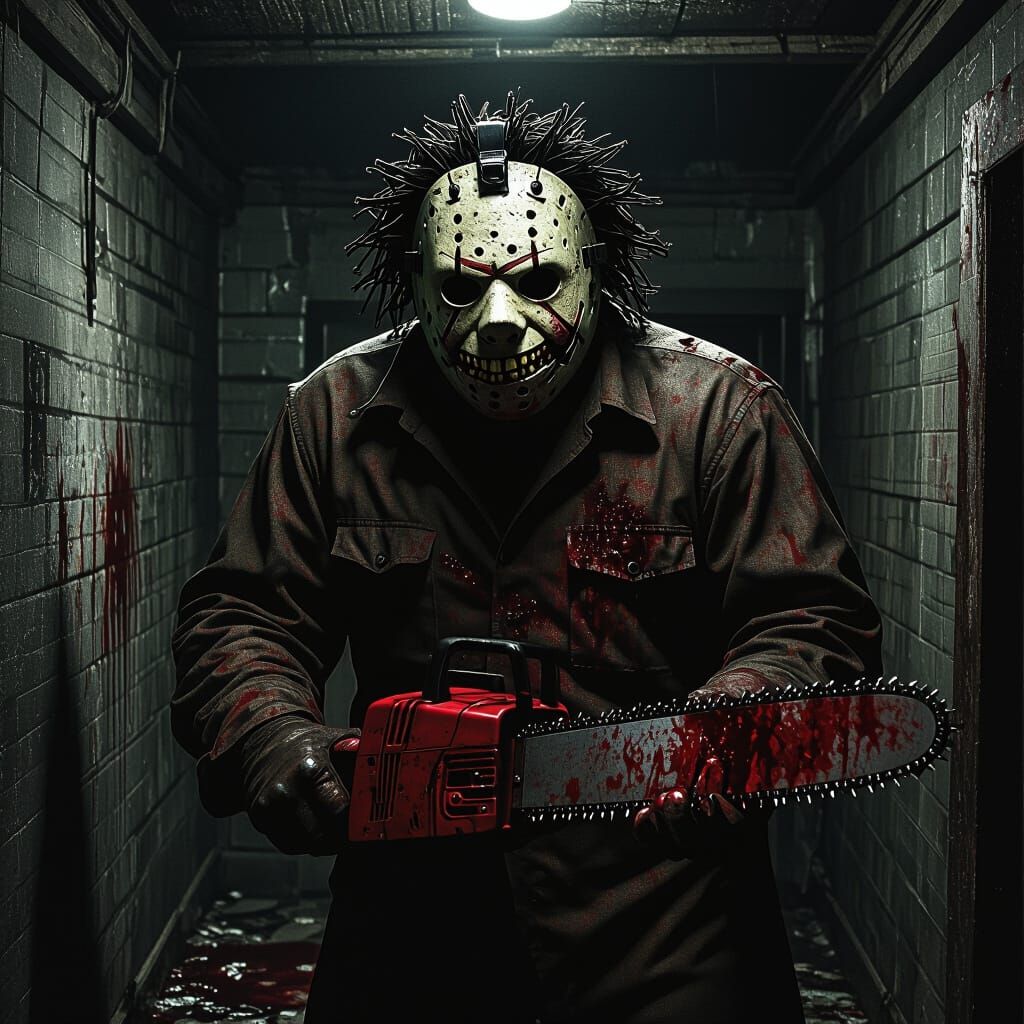 Terrifying Leatherface in Dark Basement, Cinematic Horror