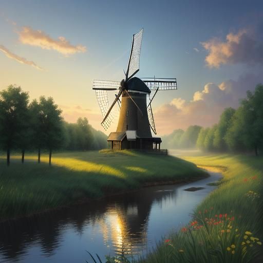 Windmill and Creek in Summer Night Light