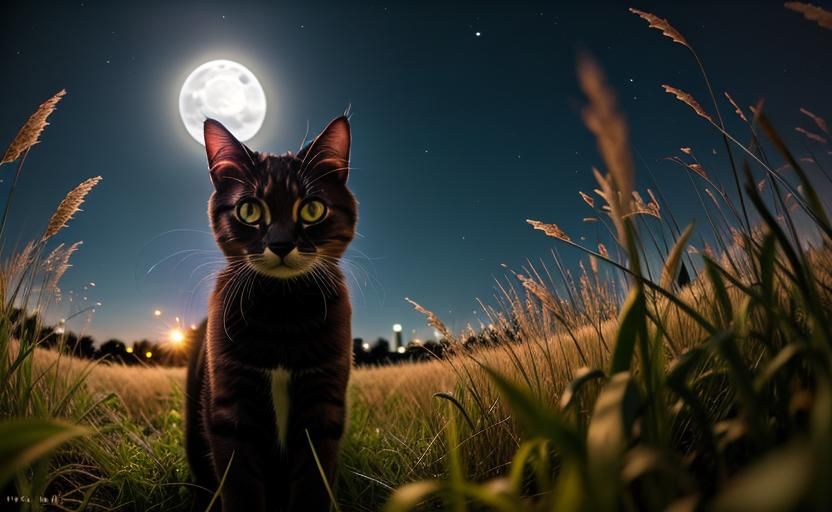 Cat Creeping Through Moonlight Grass: Photography