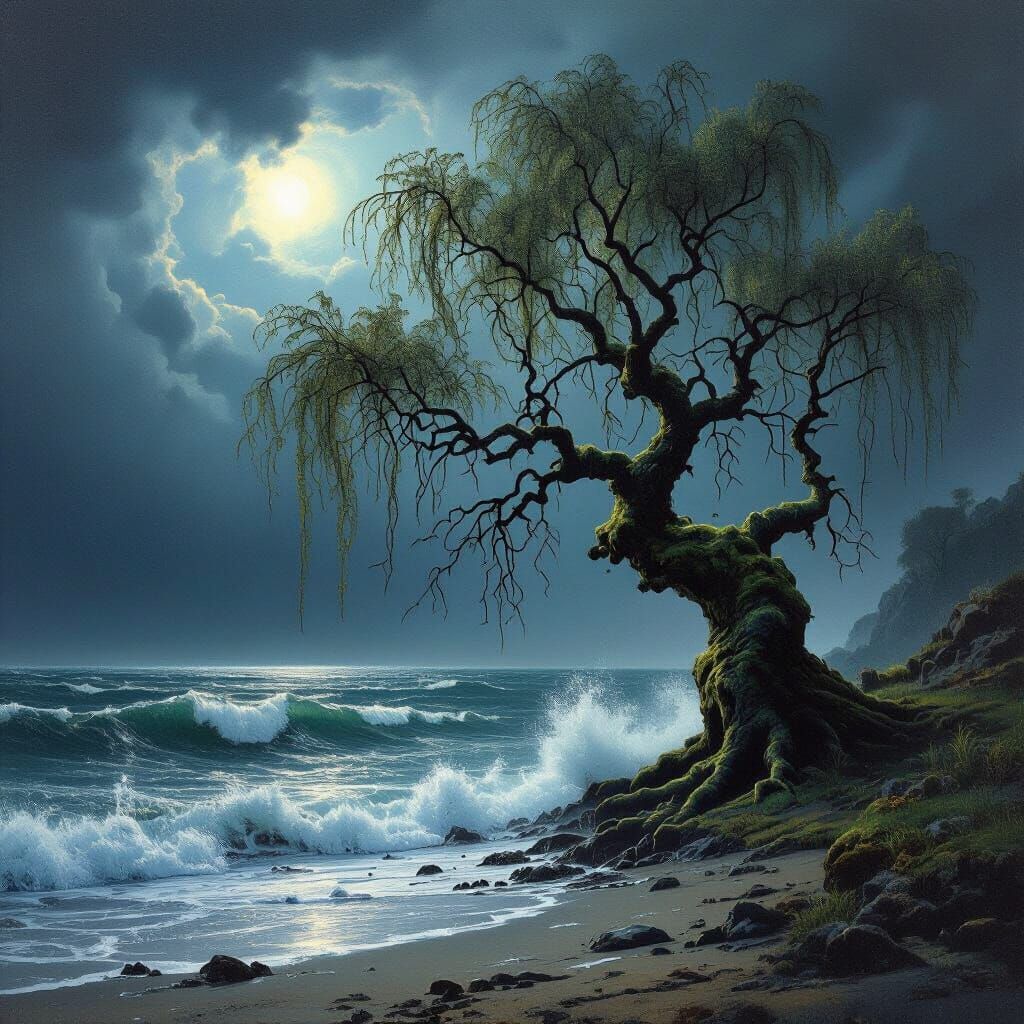 Ancient Willow Tree on Stormy Coast