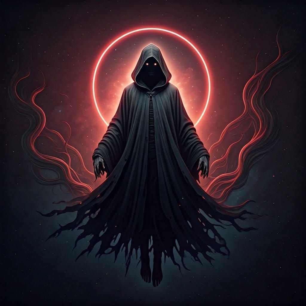 Ethereal Figure in Cosmic Blackness, Surrounded by Red Light...