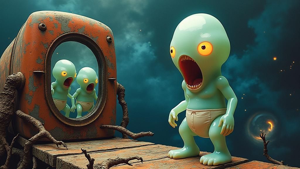 Screaming Sci-Fi Blob Creature in Maximalist Style