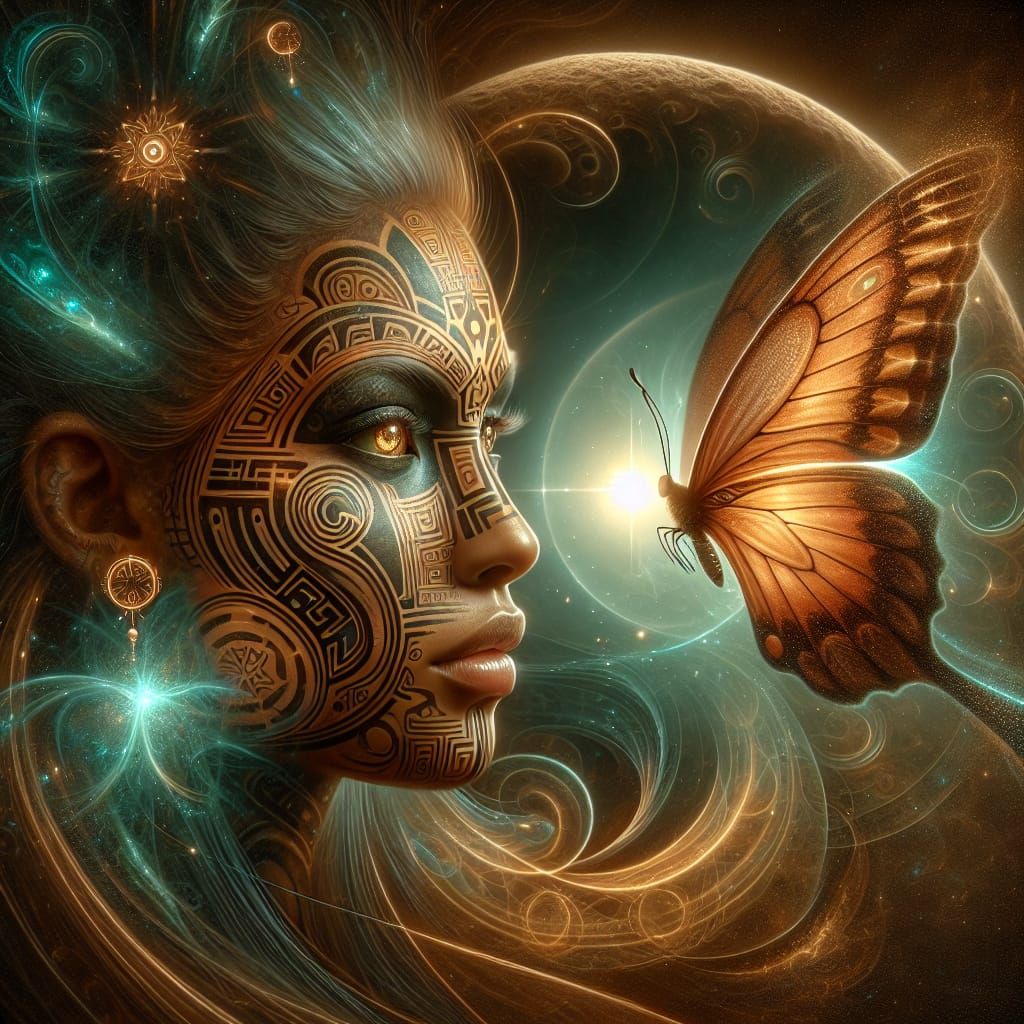 Indigenous Woman with Butterfly in Dreamy Digital Art
