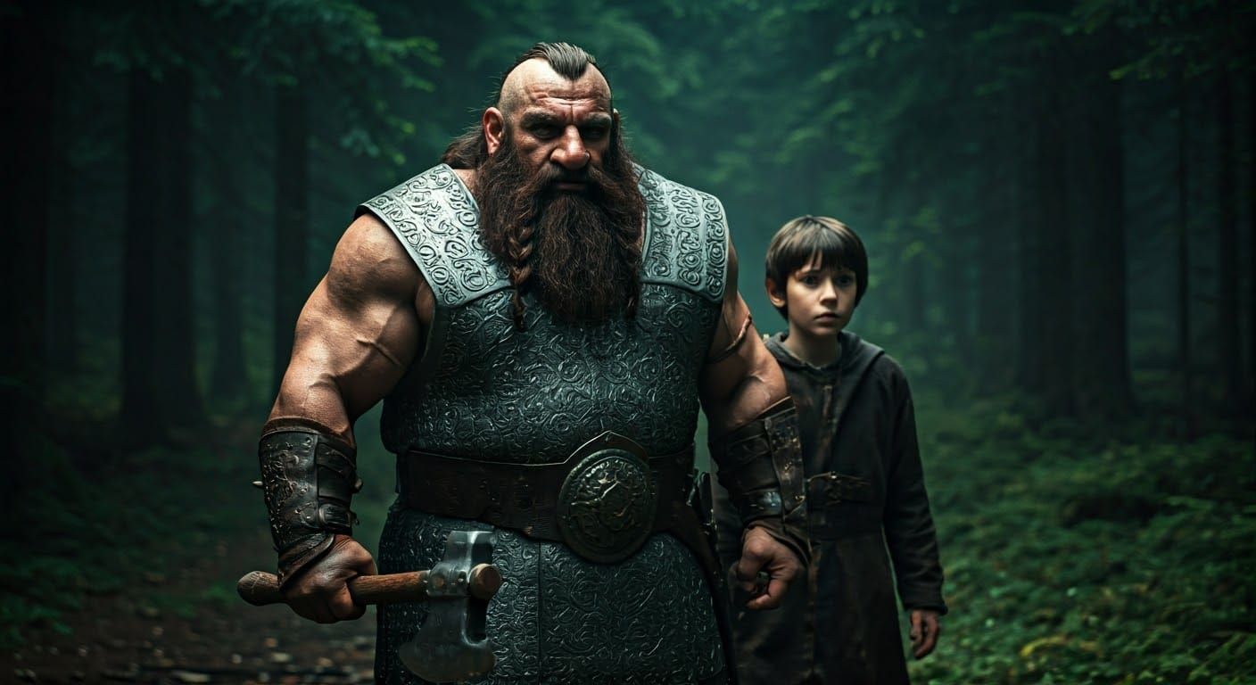 Dwarf Warrior and Boy in Dark Forest