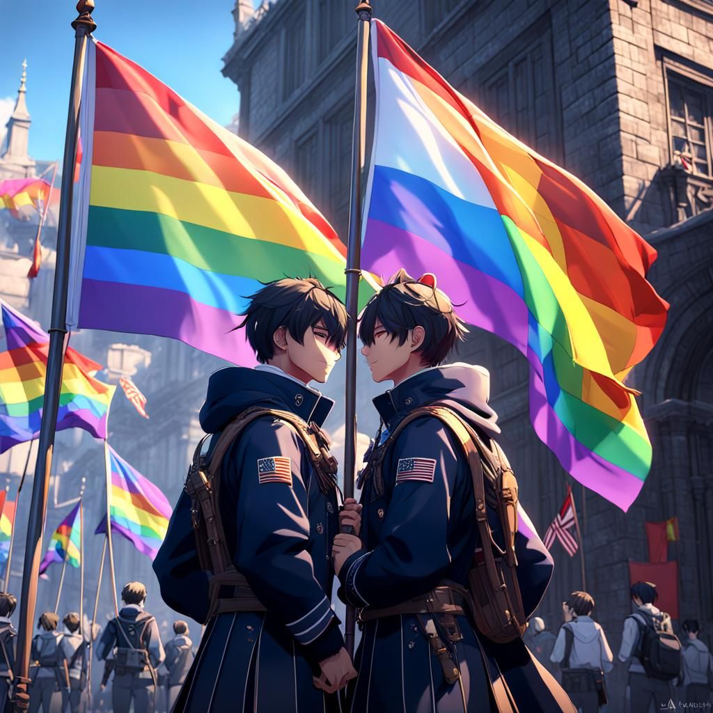 Waving Gay Pride Flags in 3D Anime Style