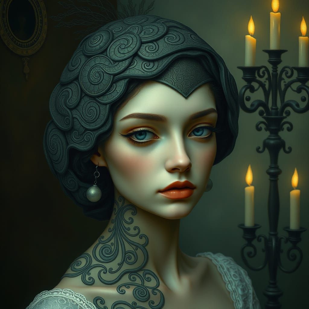 Enigmatic Surrealist Woman in Muted Oil Painting