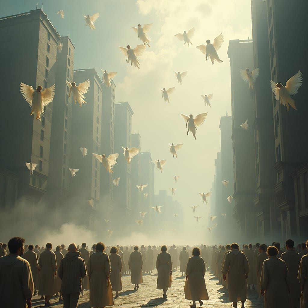 Angels Descending on Metropolis: Dreamy Surreal Scene