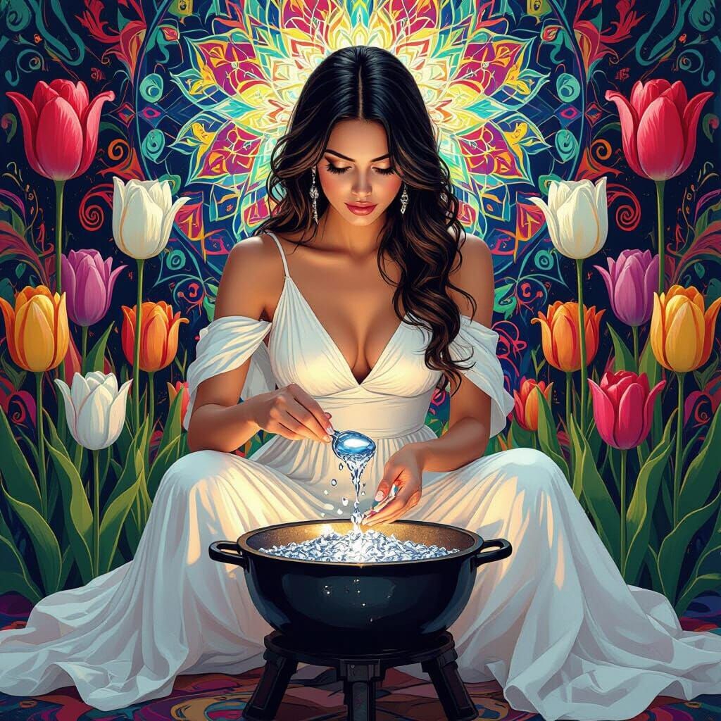 Psychedelic Woman Melts Silver Among Colorful Tulips