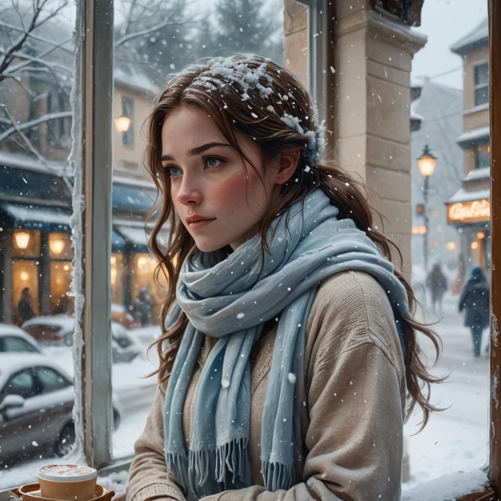 Girl Gazing at Snowfall: Whimsical Watercolor Art