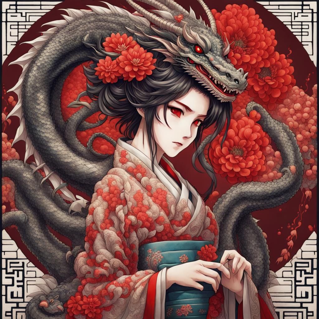 Digital Ascii art matrix embroidery textured beautiful intricately ultra detailed   painting of dragon flanked by an ult...