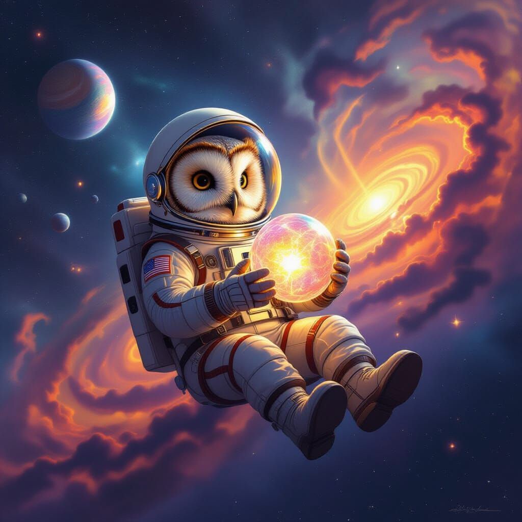 Wise Owl Astronaut in Space with Glowing Orb
