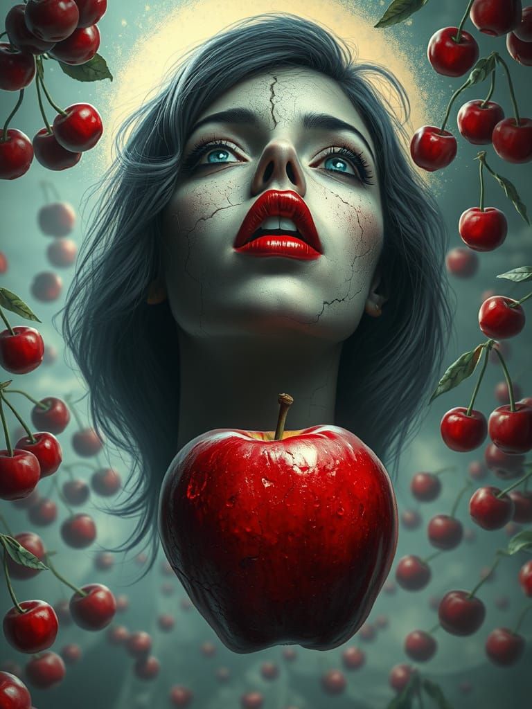 Surreal Woman's Face with Apple and Cherries