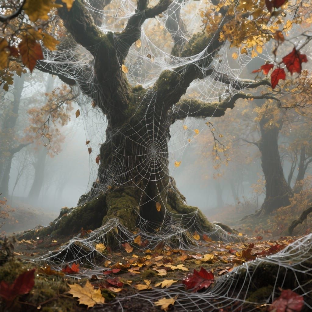 Ancient Oak Tree Covered in Shimmering Spiderwebs