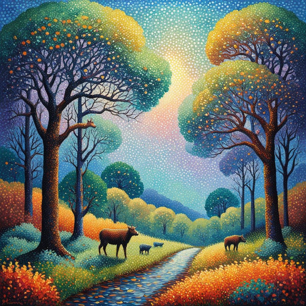 Pointillist Trees and Animals Under Clouds