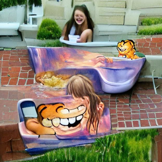 Girl Laughing at Garfield in Outdoor Bathtub