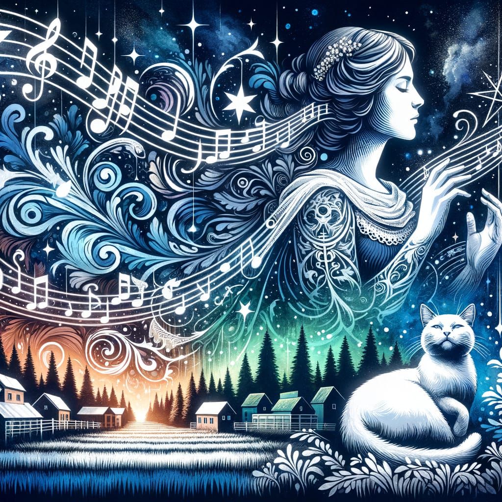 Musical Woman with Cat in Watercolor Impasto Style