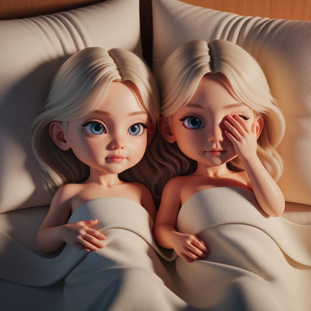 ילד וילדה תאומים מתוקים וחמודים בני 3 בלונדינים עם שיער גולש ארוך ורך עם עיניים בגוון עמוק של תכלת שוכבים במיטה מוכנים ל...