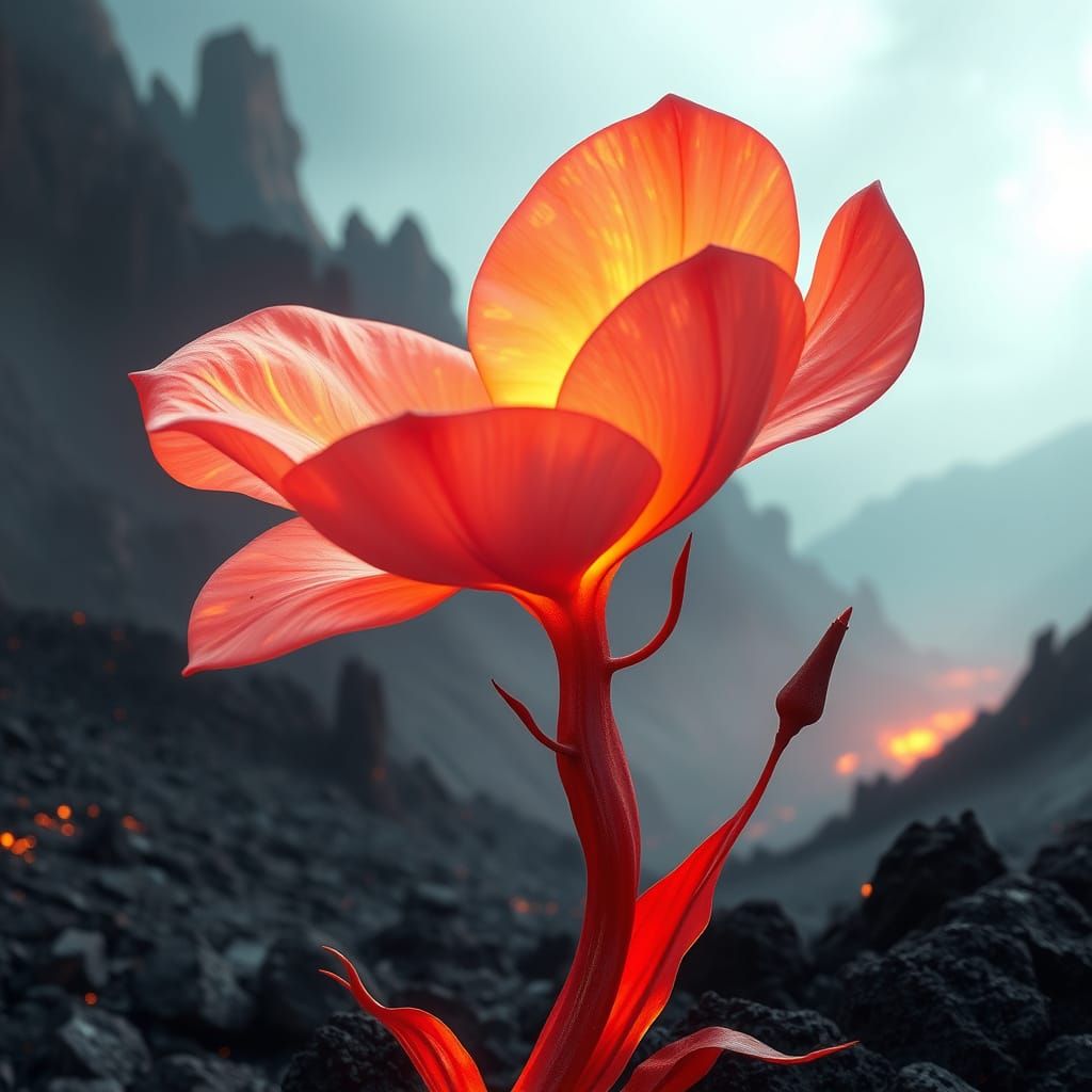 Ethereal Crimson Bloom in Volcanic Landscape