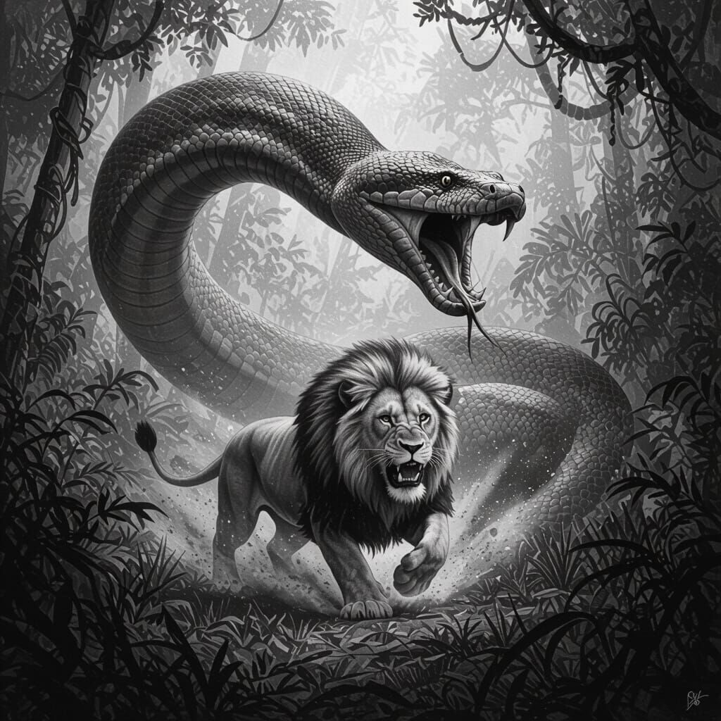 Lion's Jungle Escape: Hyperdetailed Charcoal Drawing