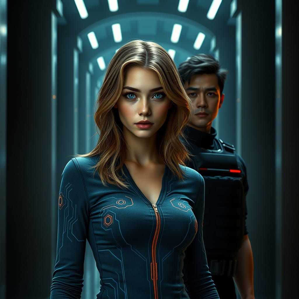 Futuristic Woman in Glowing Shirt, Syd Mead Style