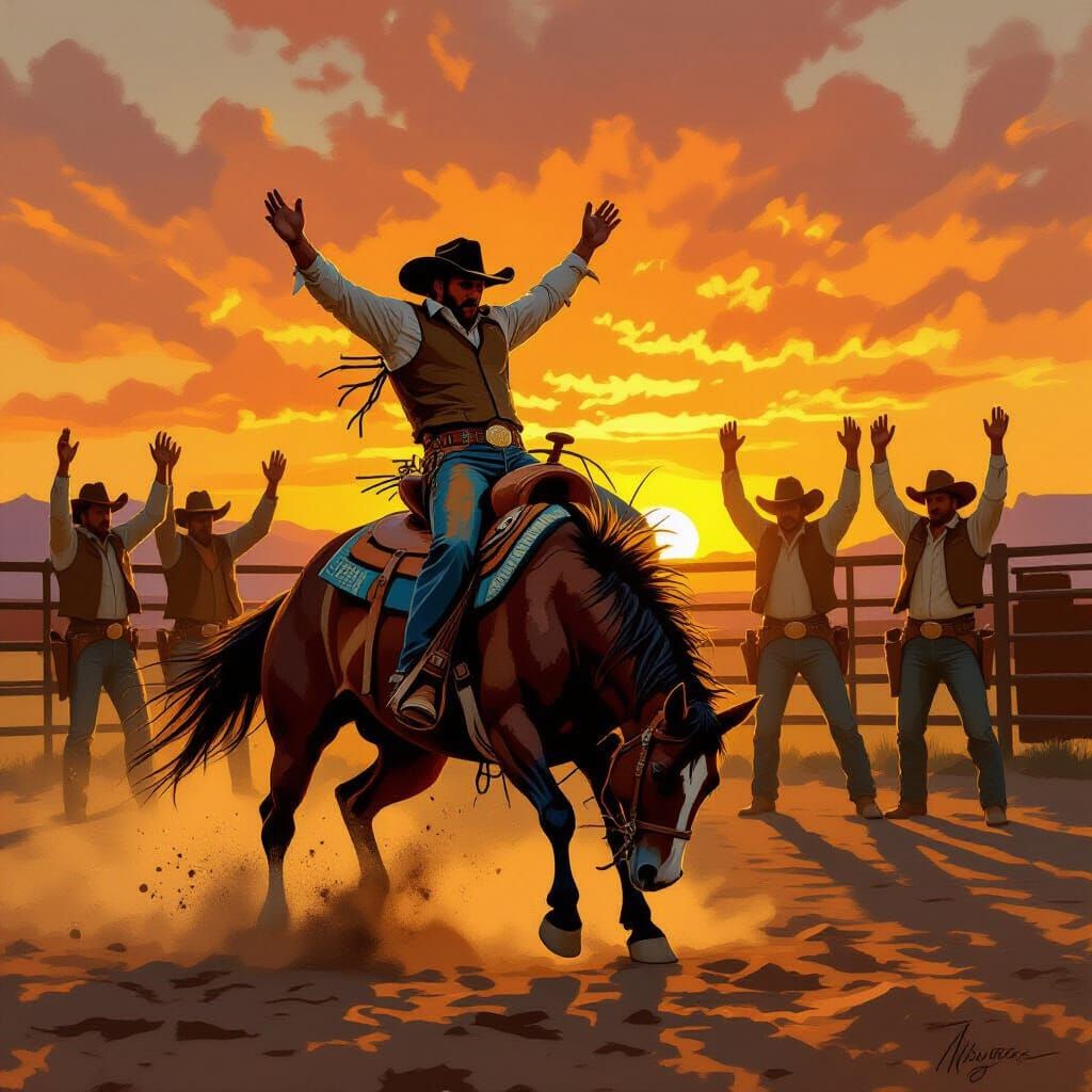 Wild West Cowboy Tames Bucking Bronco at Sunset
