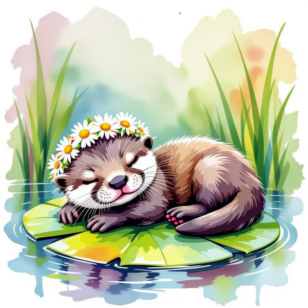 Otter Napping with Daisy Crown: Vibrant Watercolor Art