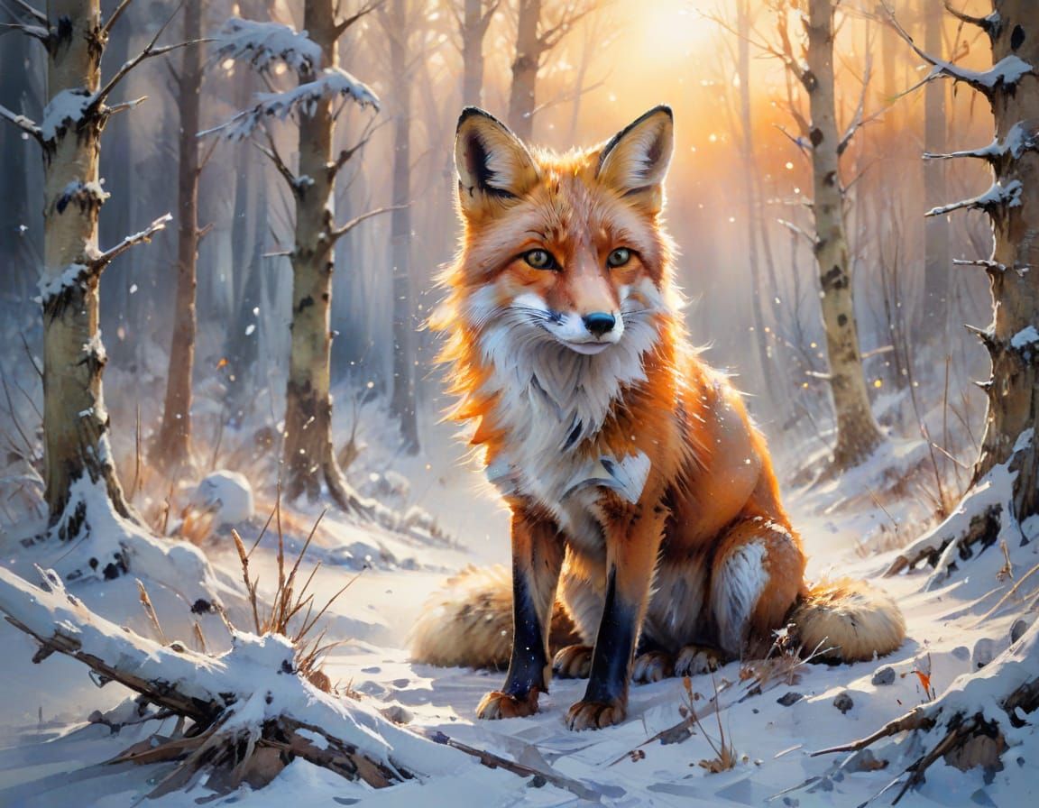 Fox in Snowy Forest in Watercolour Style