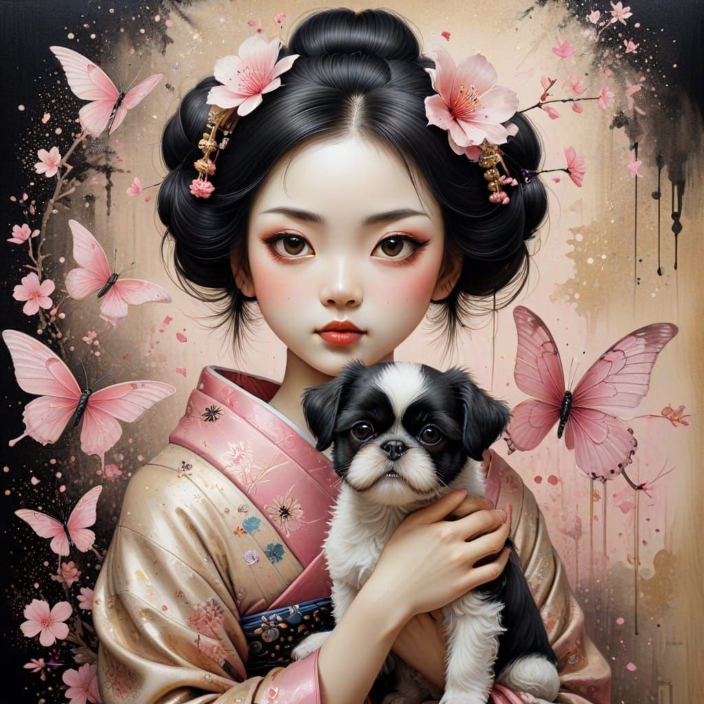 Geisha and Shih Tzu in Japanese Ink Painting Style