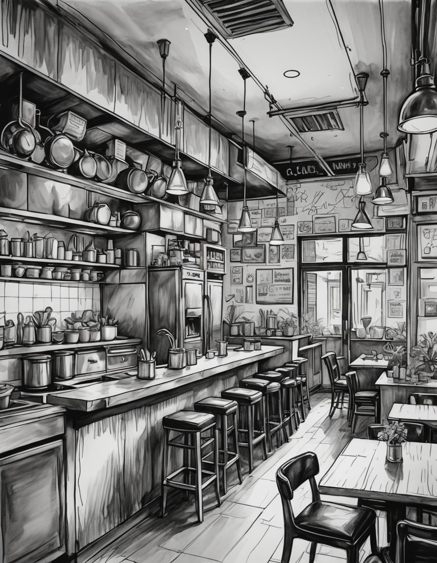 Urban Restaurant Kitchen: Black and White Sketch Art