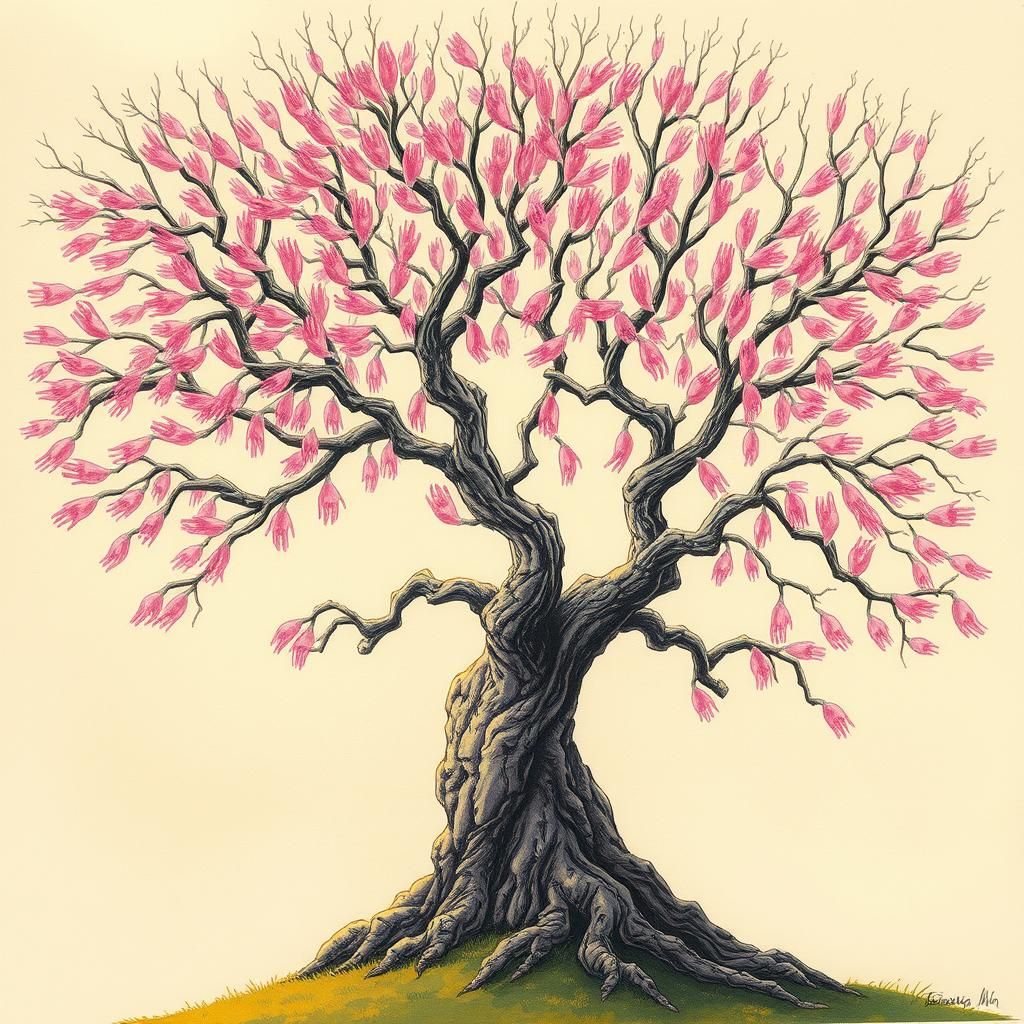 Surreal Tree with Pink Hands: Fantastical Alcohol Ink Art